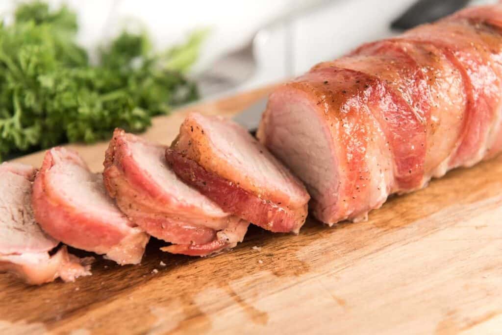 sliced bacon wrapped pork tenderloin