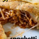 spaghetti sandwich cut in half on white plate with text reading spaghetti sandwich and wow icon