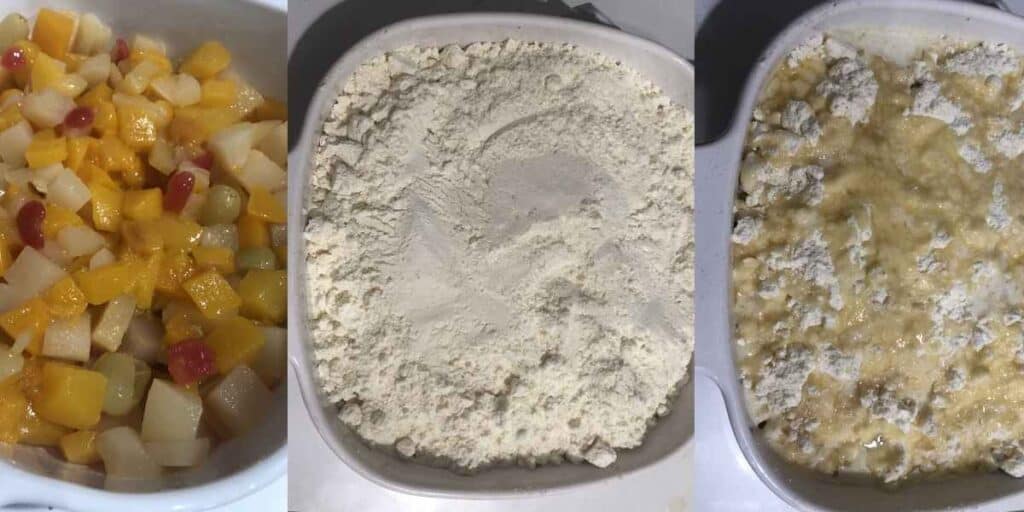 collage showing step by step dump cake preparation