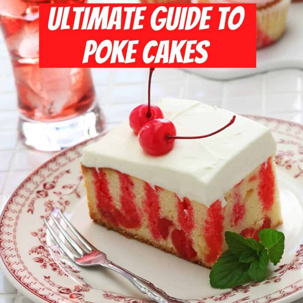 cherry poke cake on a china plate with fork and mint sprig
