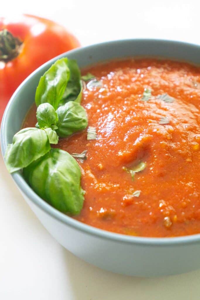 fresh tomato marinara sauce with basil leaves in grey bowl