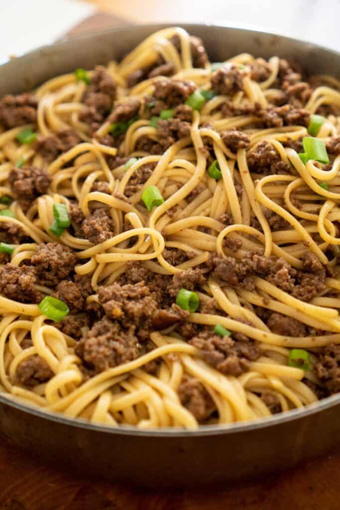 Mongolian noodles with ground beef in pan