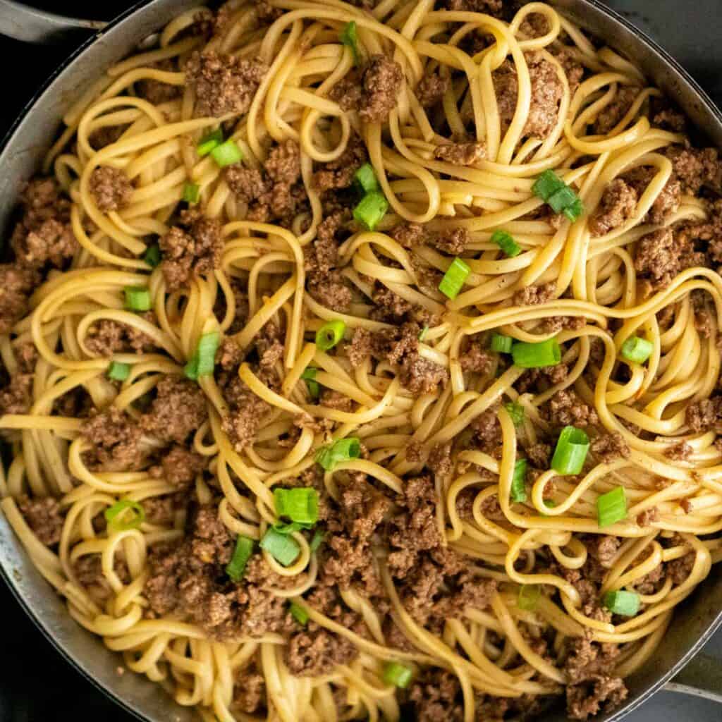 overhead view of Mongolian noodles in pan