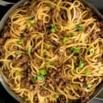 overhead view of Mongolian noodles in pan