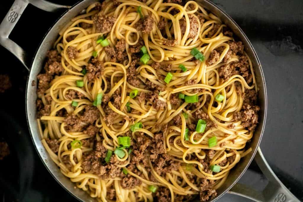 overhead view of Mongolian noodles in pan