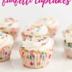 close up of funfetti cupcake with sprinkles