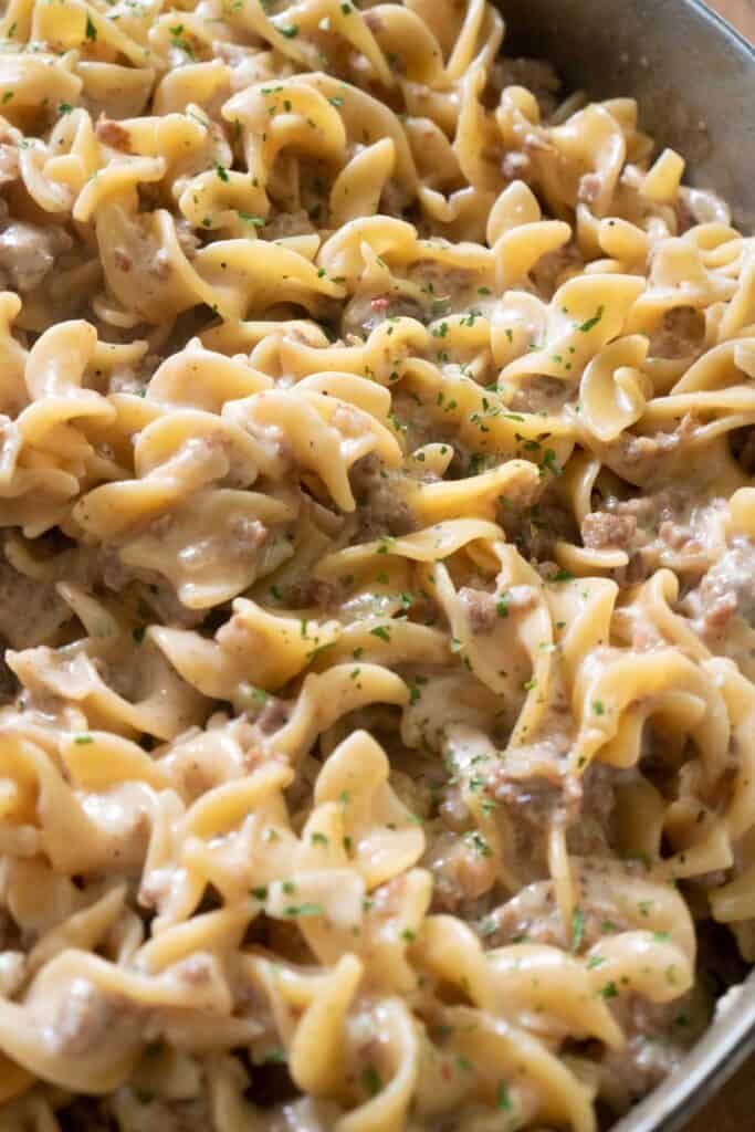 close up of creamy sausage pasta