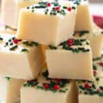 stack of white chocolate fudge with christmas sprinkles