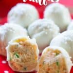white chocolate truffles on red polka dot plate