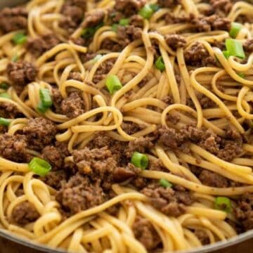 ground beef mongolian noodles in pan