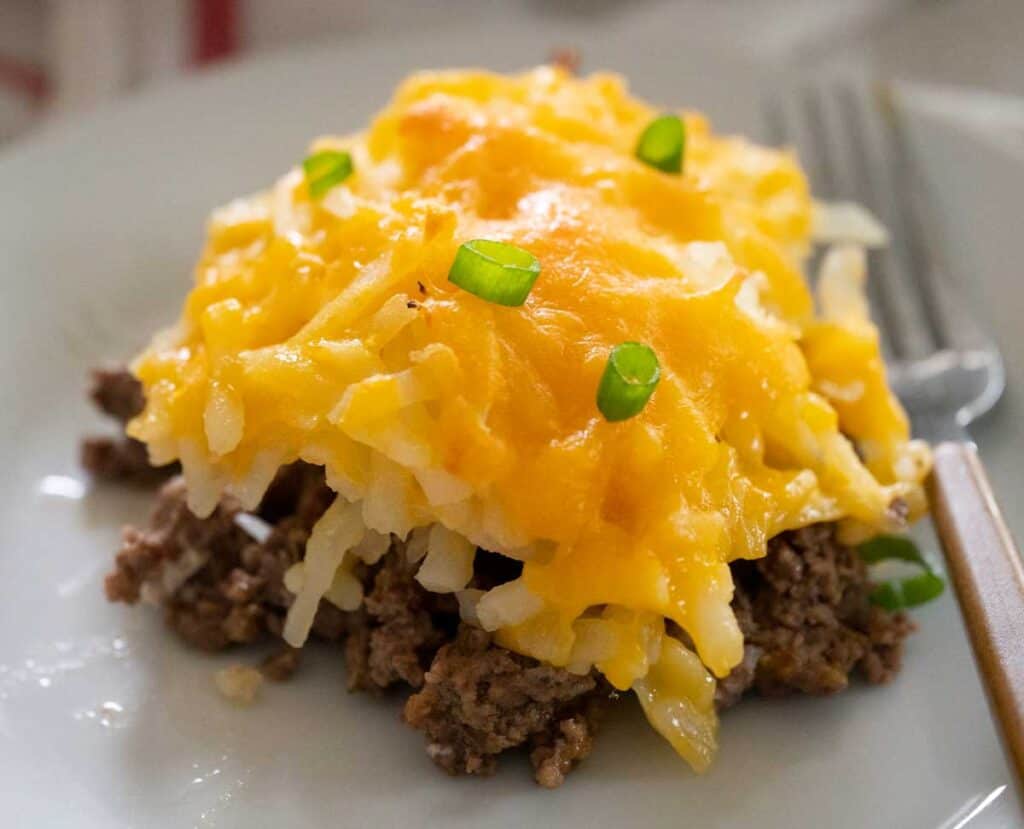 ground beef hash brown casserole on plate