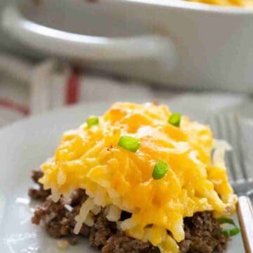 hash brown casserole on white plate