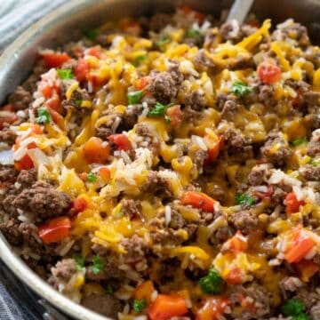 ground beef and rice in skillet