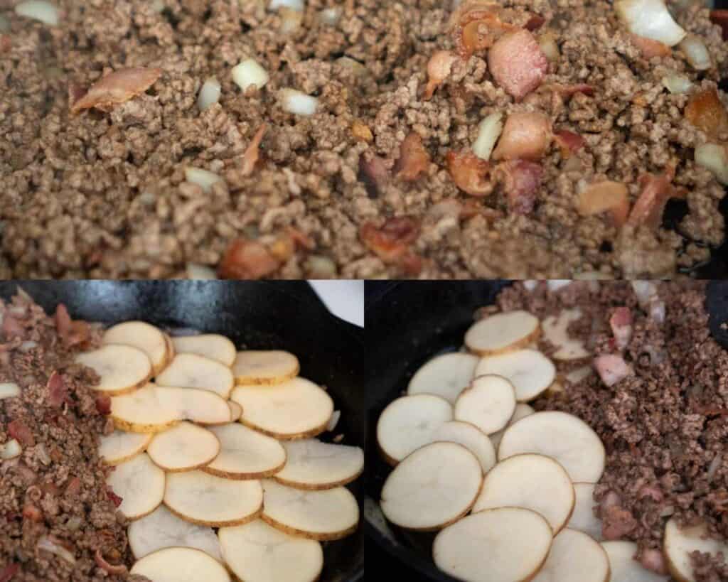 collage of layering potatoes and meat in skillet