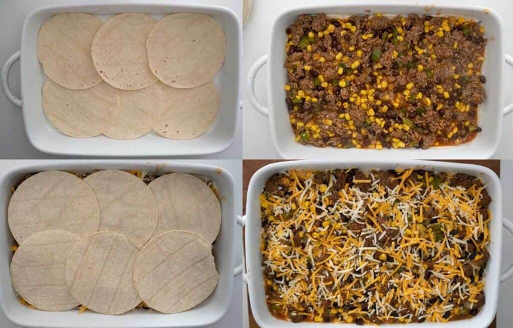 collage of layering Mexican ground beef casserole