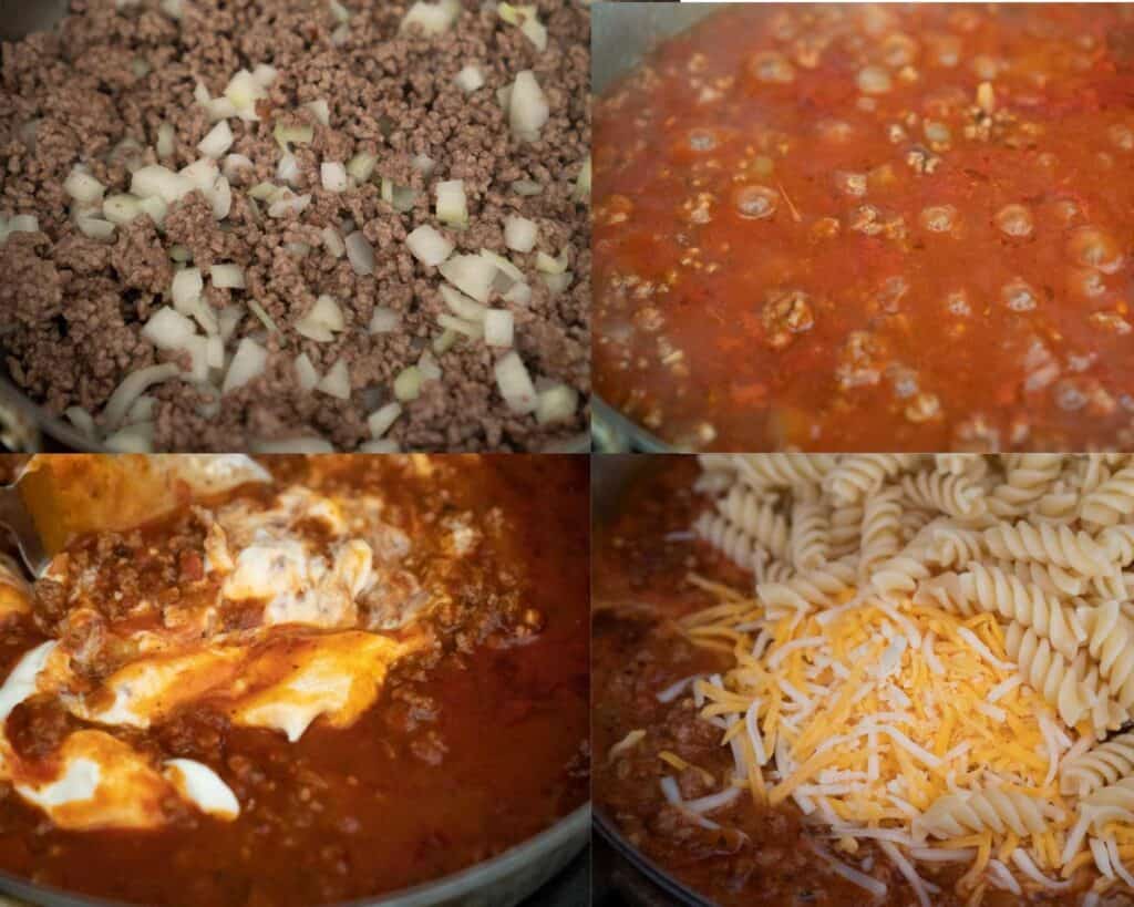 collage of making ground beef pasta sauce