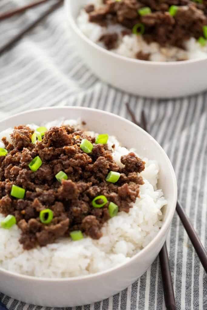 two bowls of rice with Korean ground beef