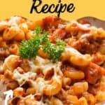 ground beef goulsh in bowl with text overlay of recipe name