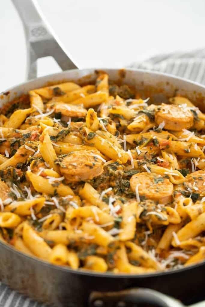 skillet with Italian chicken sausage pasta