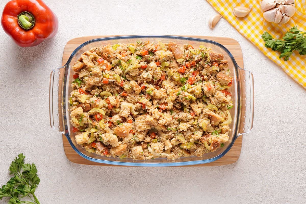 overhead view of sausage stuffing before baking