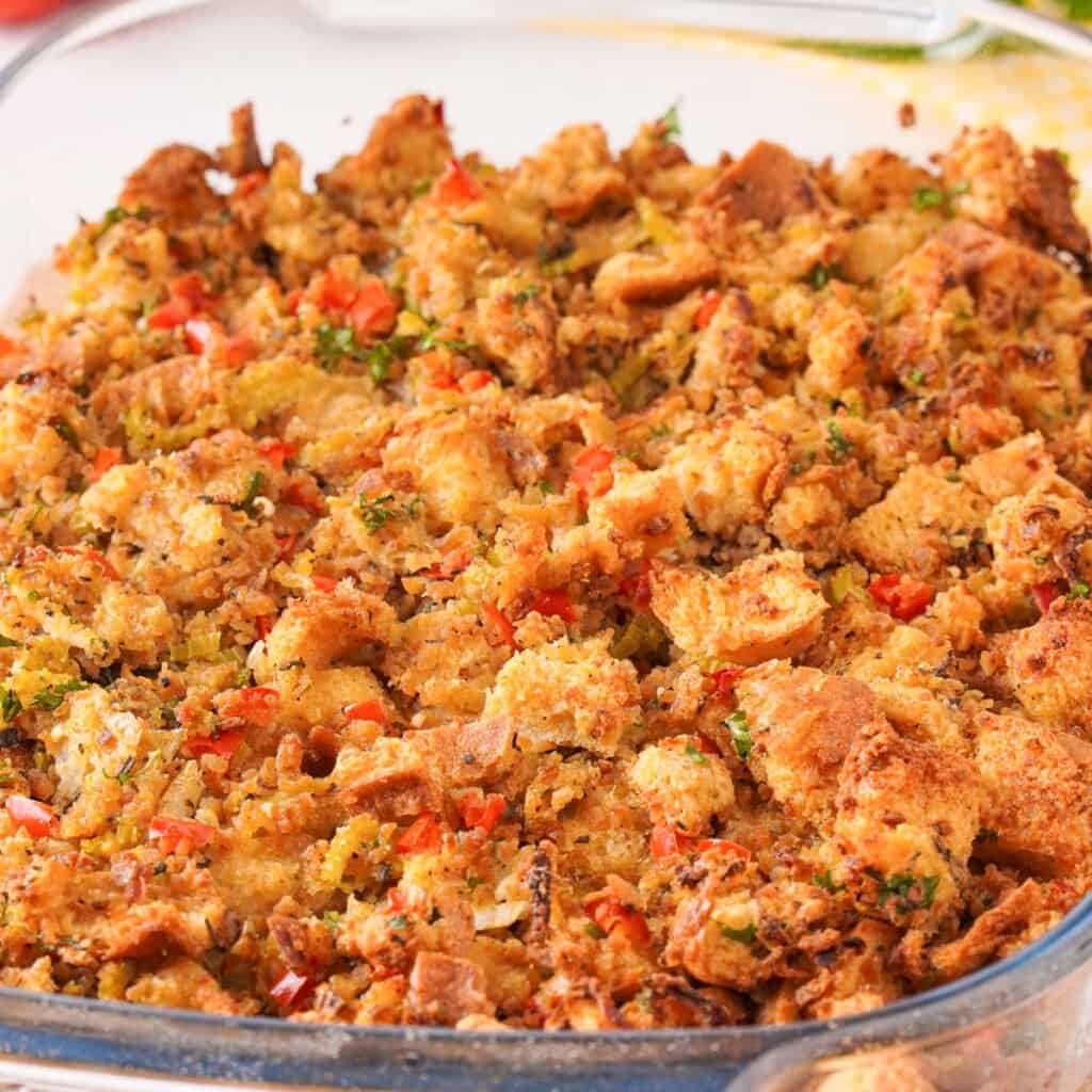 Italian sausage stuffing in glass baking dish