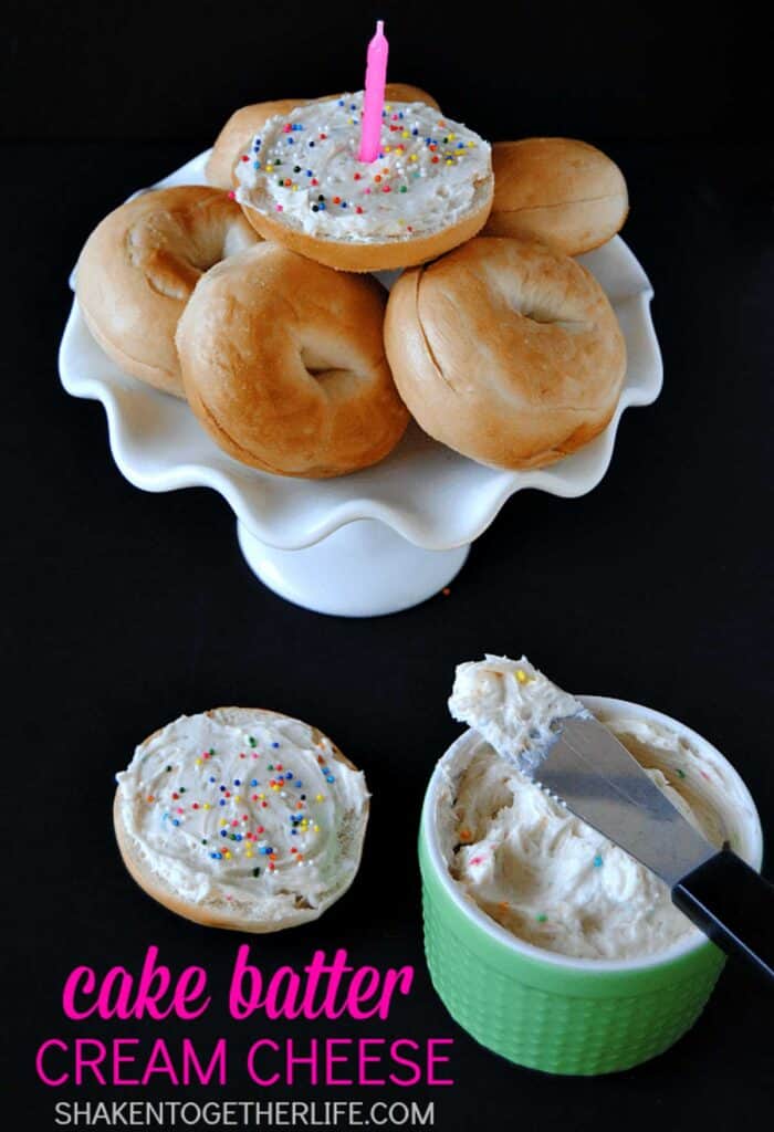 mini bagels topped with birthday cake flavored cream cheese and sprinkles