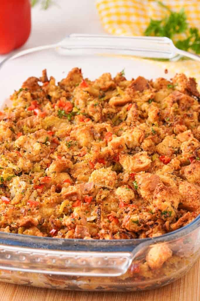 italian sausage stuffing in glass casserole dish