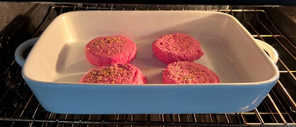 hamburger patties in casserole dish