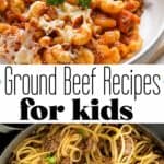 collage of ground beef recipes for kids with text overlay