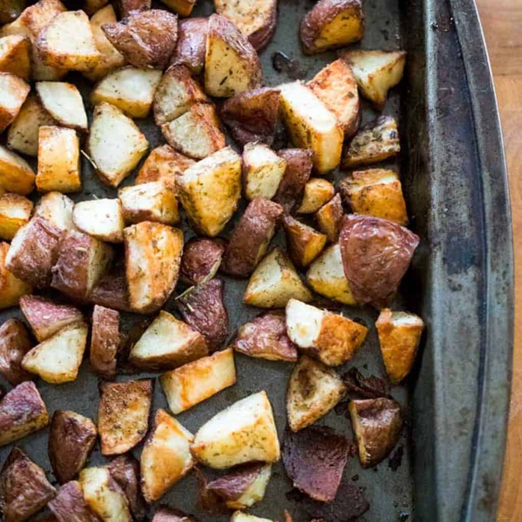crispy roasted potatoes on baking sheet