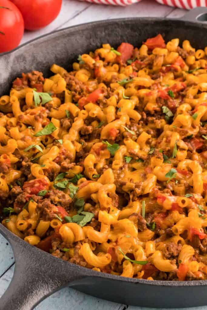 skillet with ground beef taco macaroni dinner