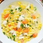 Chicken Corn Noodle Soup in white bowl