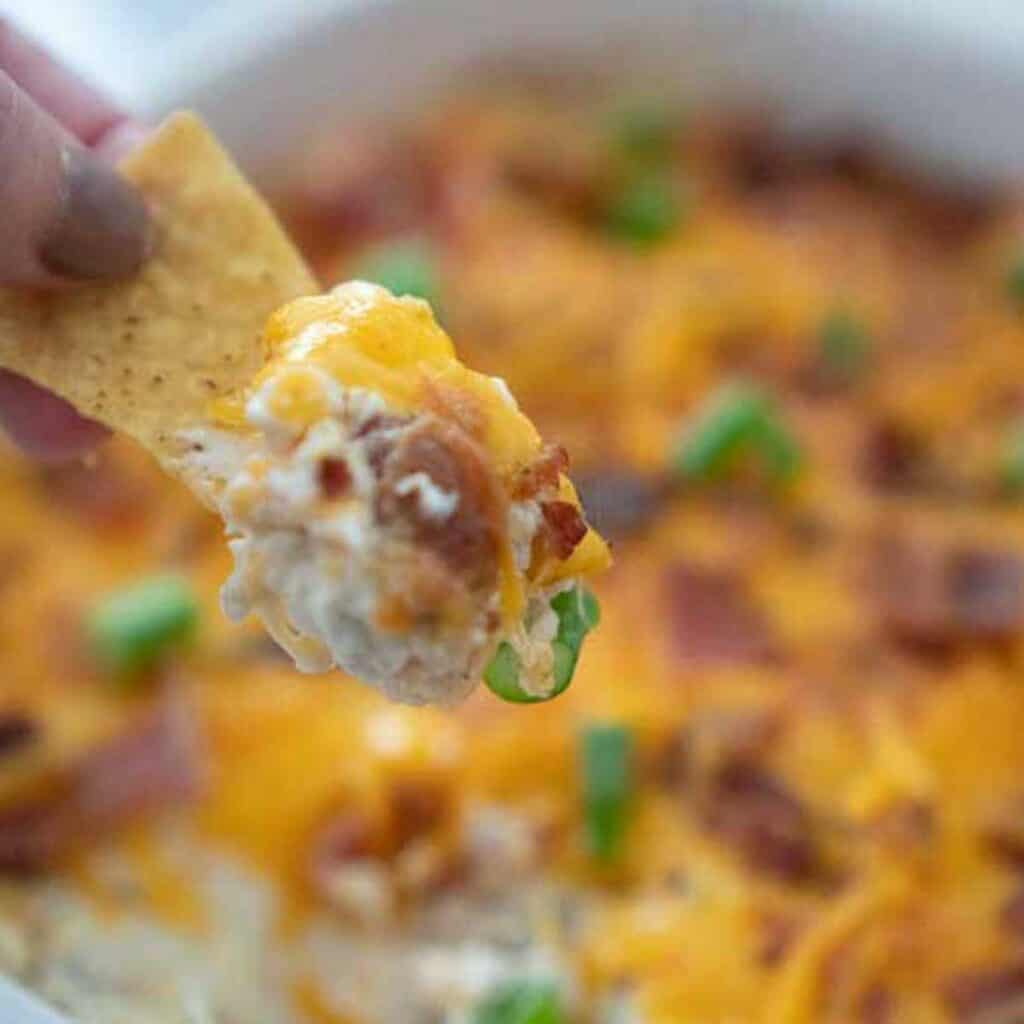 hand with chip with charleston cheese dip on it