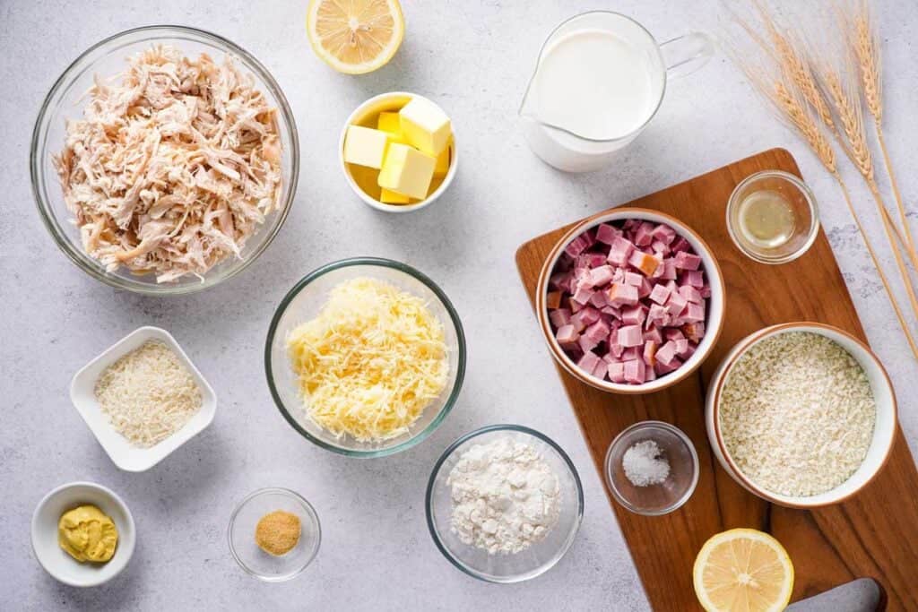 ingredients for chicken cordon bleu casserole on white countertop
