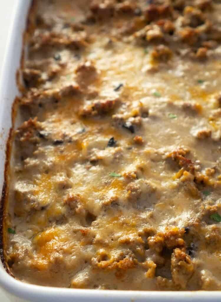 ground beef potato casserole in baking dish