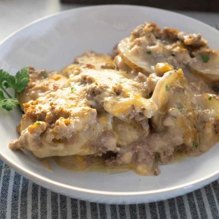 serving of ground beef potato casserole on plate