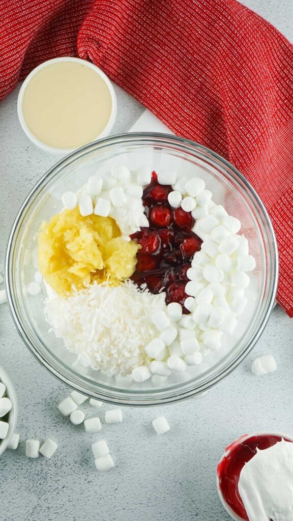 cherry fluff ingredients in glass bowl