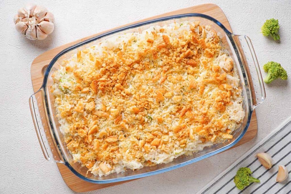 chicken rice broccoli casserole in baking dish