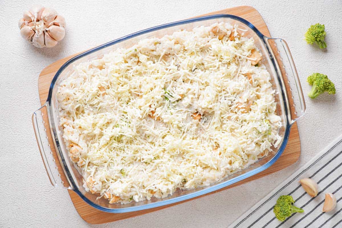 chicken rice casserole before baking