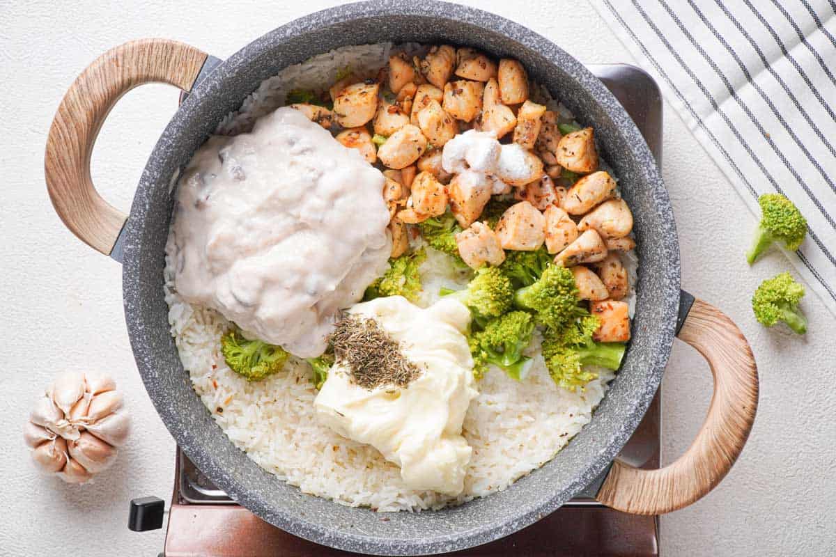 chicken rice broccoli casserole ingredients in large pot