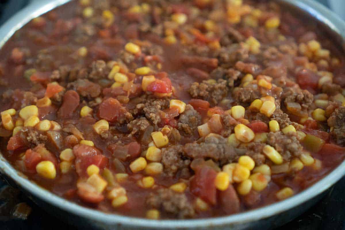 frito pie filling in skillet