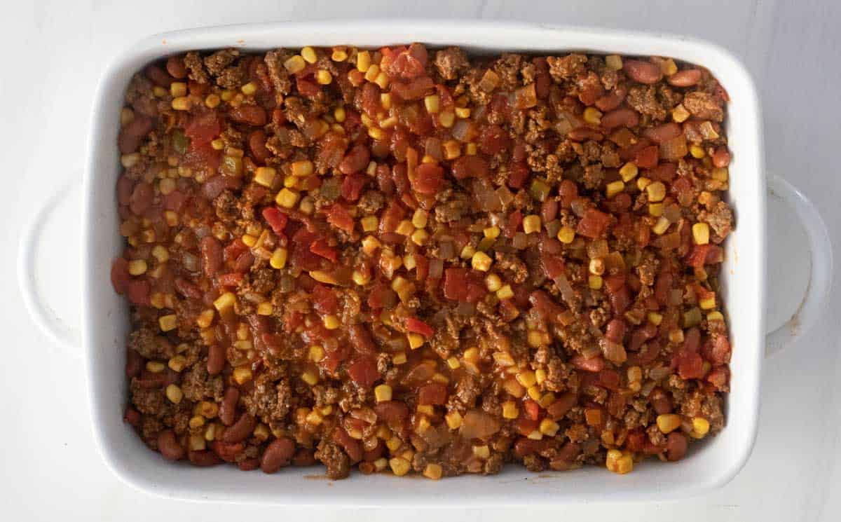 frito pie filling in casserole dish