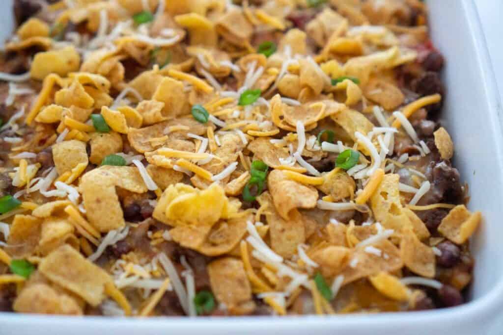 close up of Frito pie with cheese on top