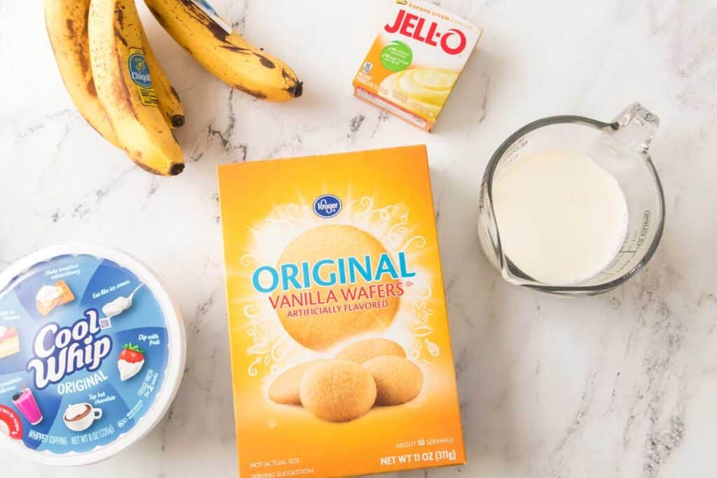 banana pudding ingredients on marble countertop
