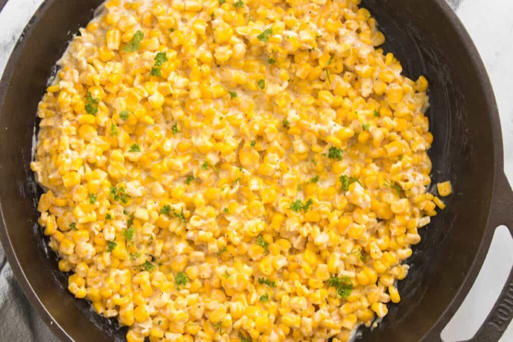 overhead view of corn in a skillet
