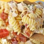 collage of chicken bacon ranch pasta salad with recipe name overlay