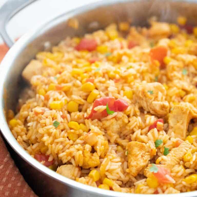 skillet with Mexican chicken and rice