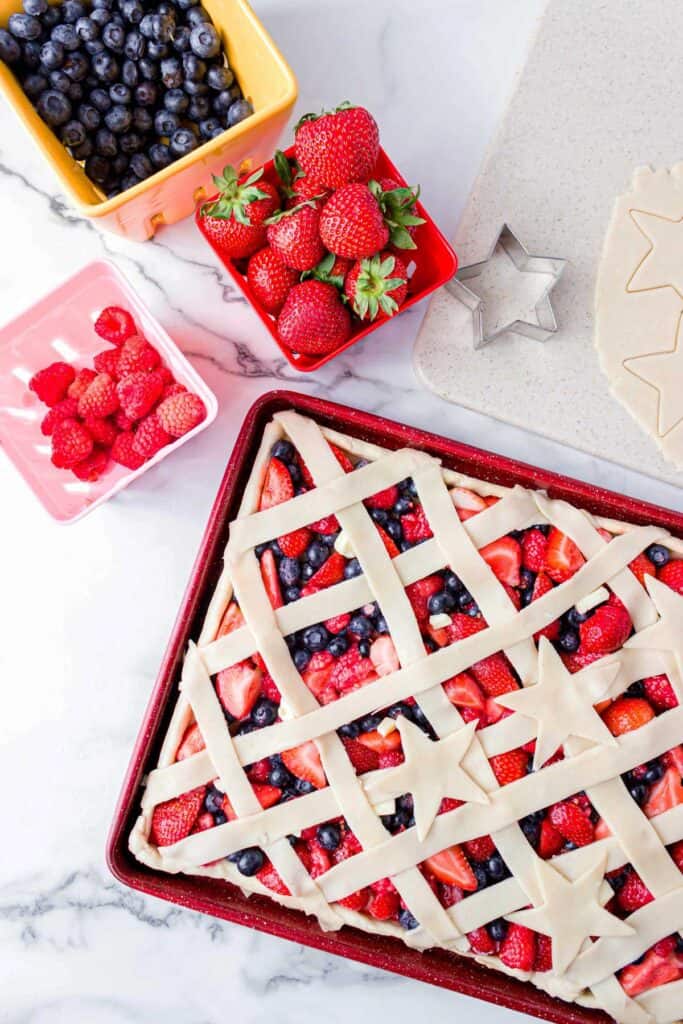 patriotic slab pie with dough stars before baking
