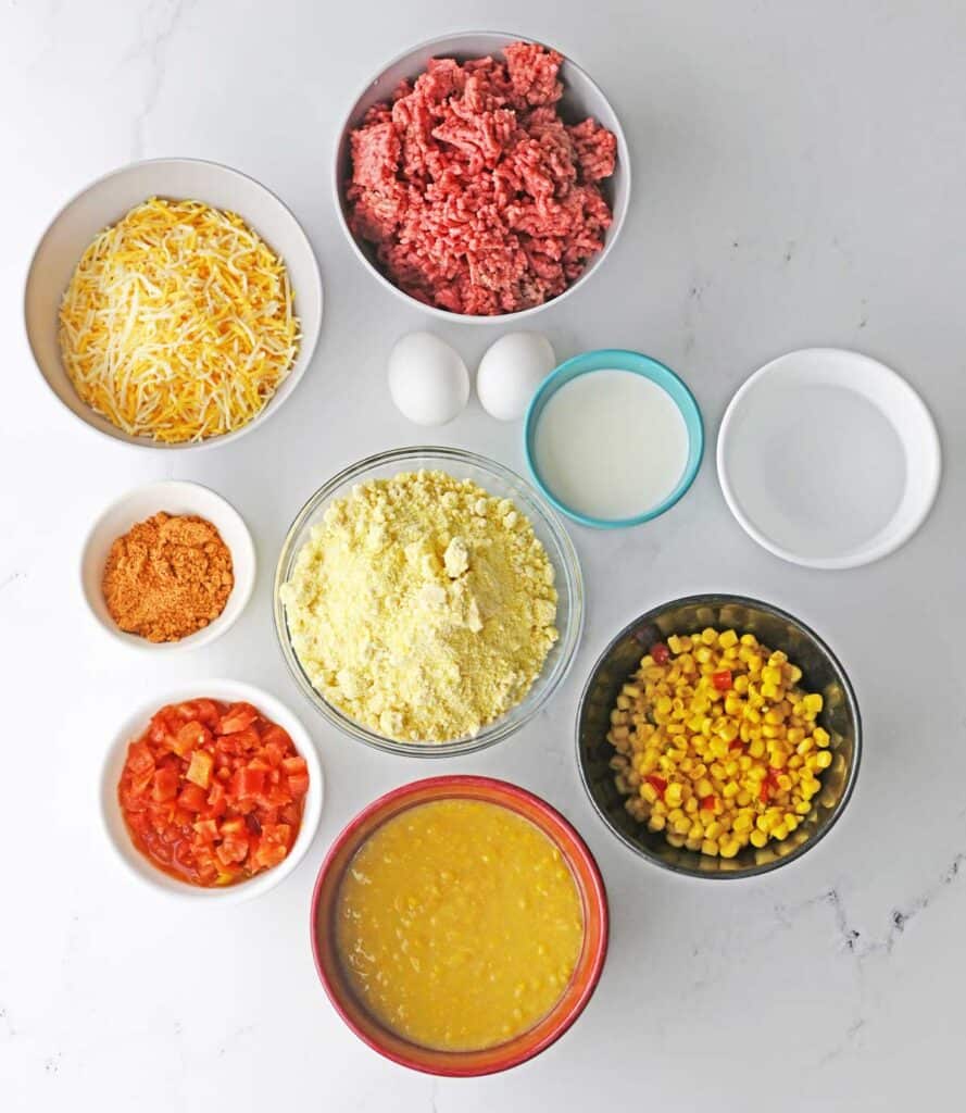Mexican cornbread casserole ingredients on countertop