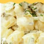 close up of potato salad with overlay reading how to improve store bought potato salad